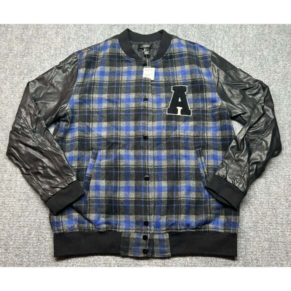 Forever 21 Varsity Jacket Womens Size L Black Blue Plaid Button Long Sleeve New - Picture 1 of 9